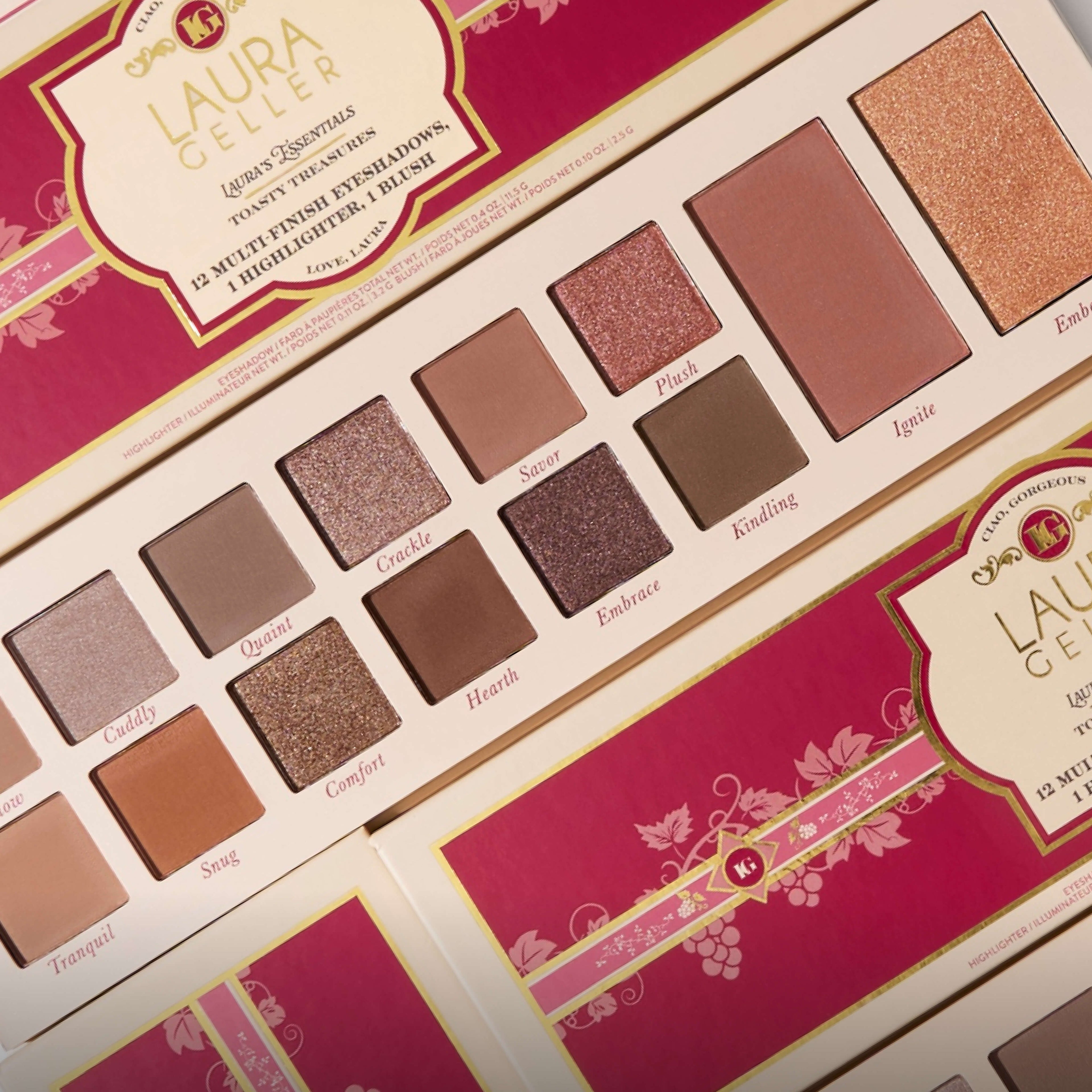 Laura's Essentials Toasty Treasures 12 Multi Finish Eyeshadows. 1 Highlighter. 1 Blush