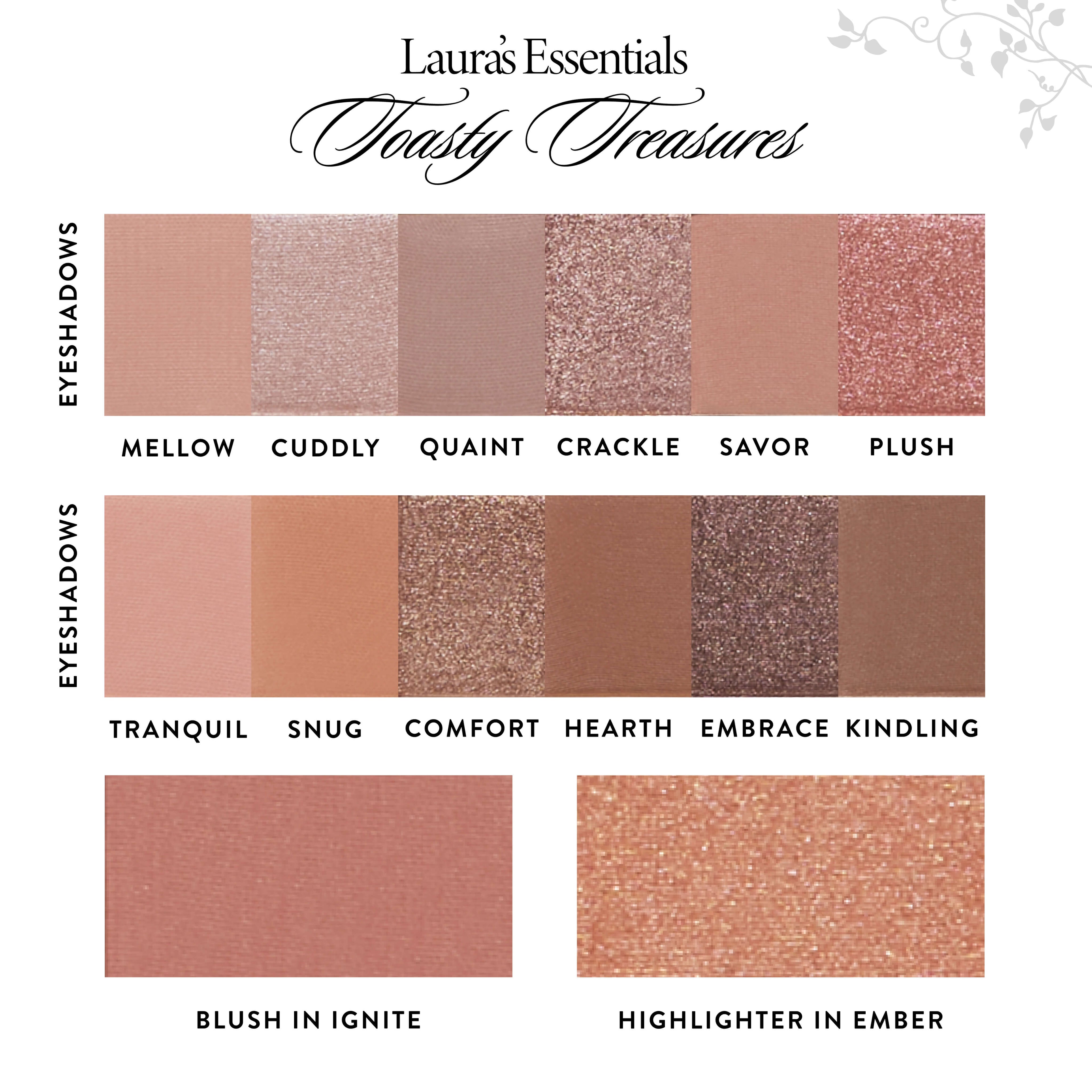 Laura's Essentials Toasty Treasures 12 Multi Finish Eyeshadows. 1 Highlighter. 1 Blush